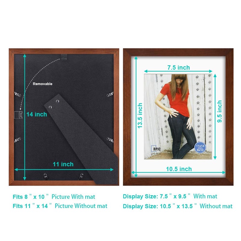 RPJC 11x14 inch Picture Frame Made of Solid Wood and High Definition Glass Display Pictures 8x10 with Mat or 11x14 Without Mat for Table Top Display and Wall Mounting Photo Frame with Stand Brown - Image 4